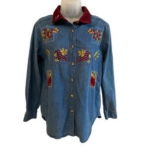 Vintage Bobbie Brooks Denim Shirt Size Small Embroidered  Floral Butterflies